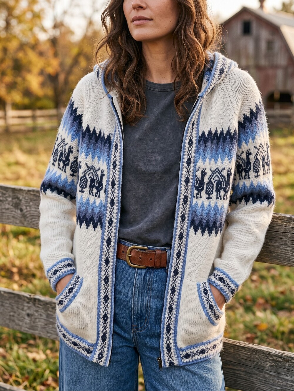 Andean Llama Knit Zip Up Hooded Cardigan Sweater Apres Ski Boho Coastal Grandma